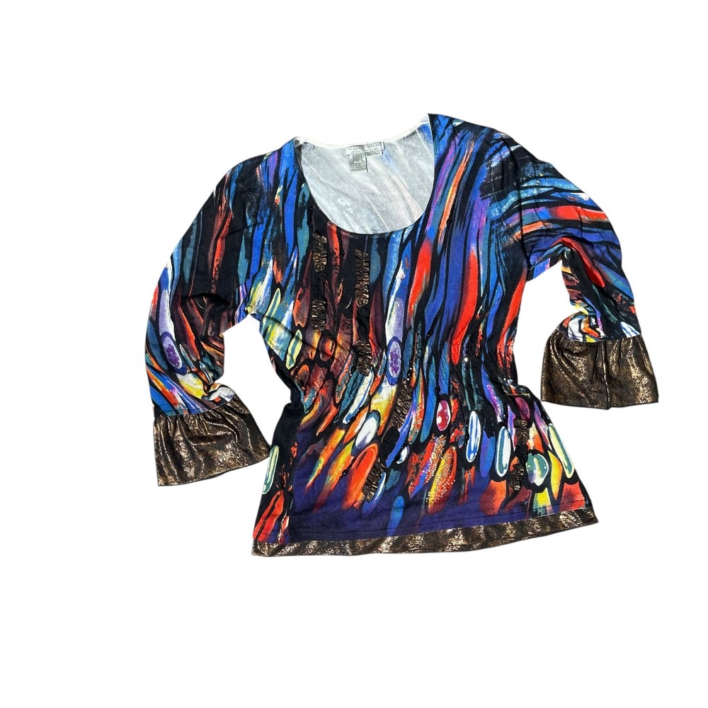 Alberto‎ Makali Multicolor Print Top XL Bell Sleeve Blouse Abstract